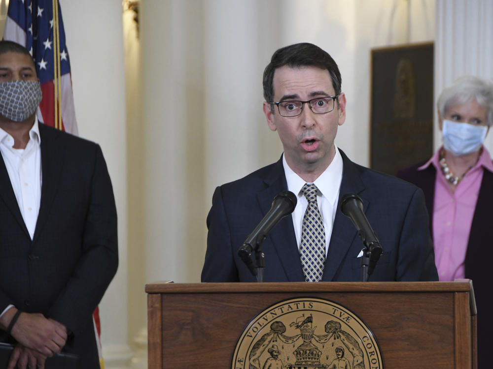 Roy McGrath, chief executive officer of the Maryland Environmental Service, speaks during a news conference at the State House in Annapolis, Md., on April 15, 2020.