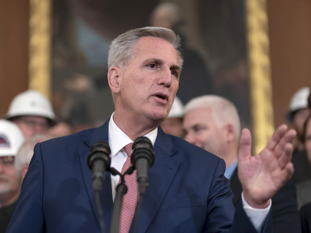 Speaker of the House Kevin McCarthy, R-Calif., talks to reporters after passing the GOP's sprawling energy package in Washington, March 30. McCarthy is set to meet Taiwan's president in California on Wednesday.