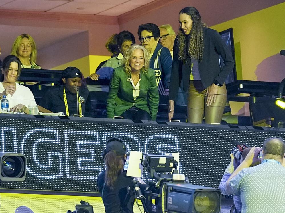 First Lady Jill Biden takes a her seat before the start of the NCAA Women's Final Four championship basketball game between LSU and Iowa Sunday, April 2, 2023, in Dallas.