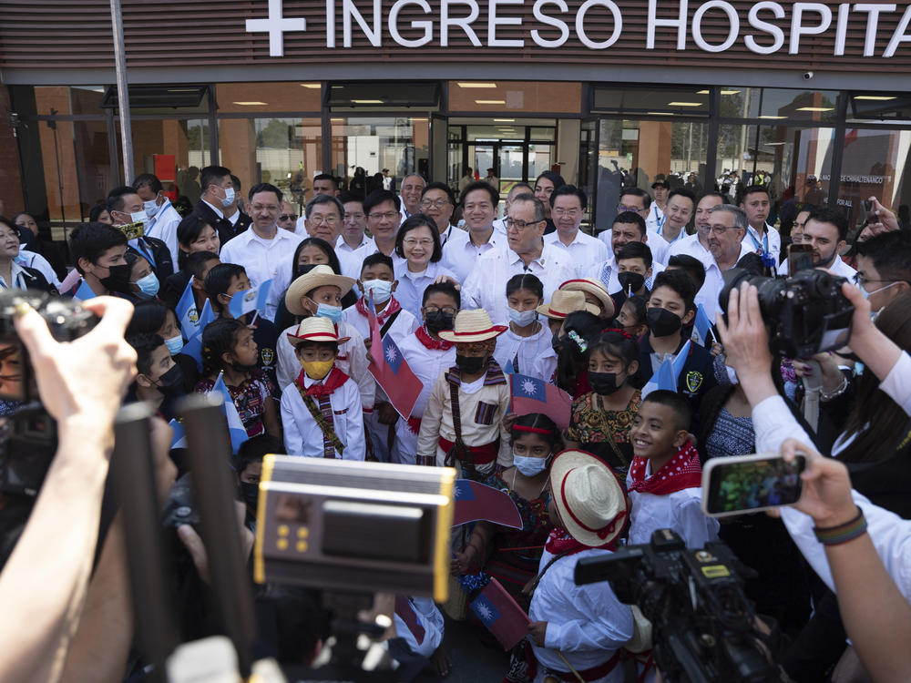 Taiwan's President Tsai Ing-wen and Guatemala's President Alejandro Giammattei speak with reporters during their visit to the Regional Hospital of Chimaltenango, in Chimaltenango, Guatemala, April 2. Tsai was in Guatemala for an official three-day visit.