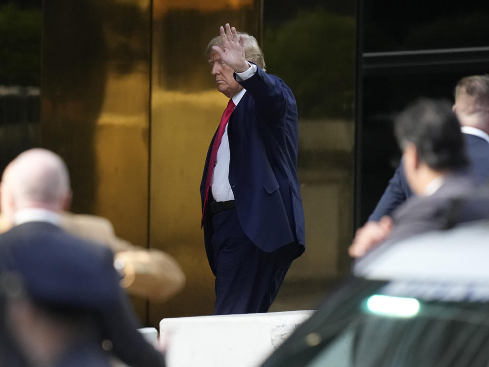 Former president Donald Trump arrives at Trump Tower in New York on Monday, a day before his arraignment.