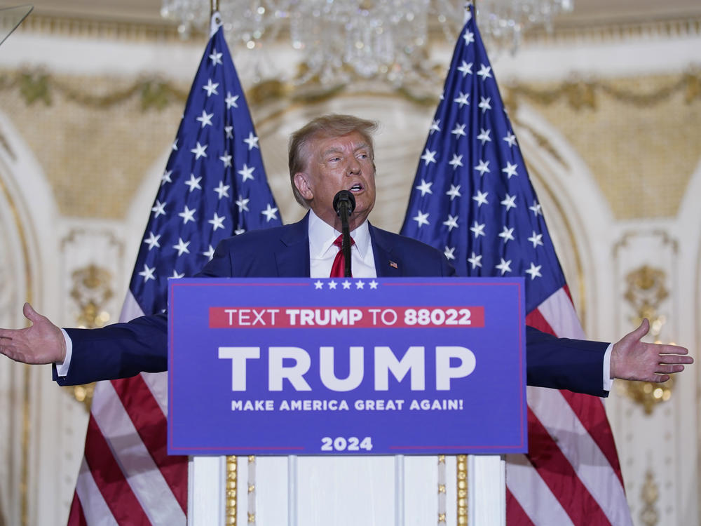 Former President Donald Trump speaks at his Mar-a-Lago estate Tuesday, April 4, 2023, in Palm Beach, Fla., after being arraigned earlier in the day in New York City.