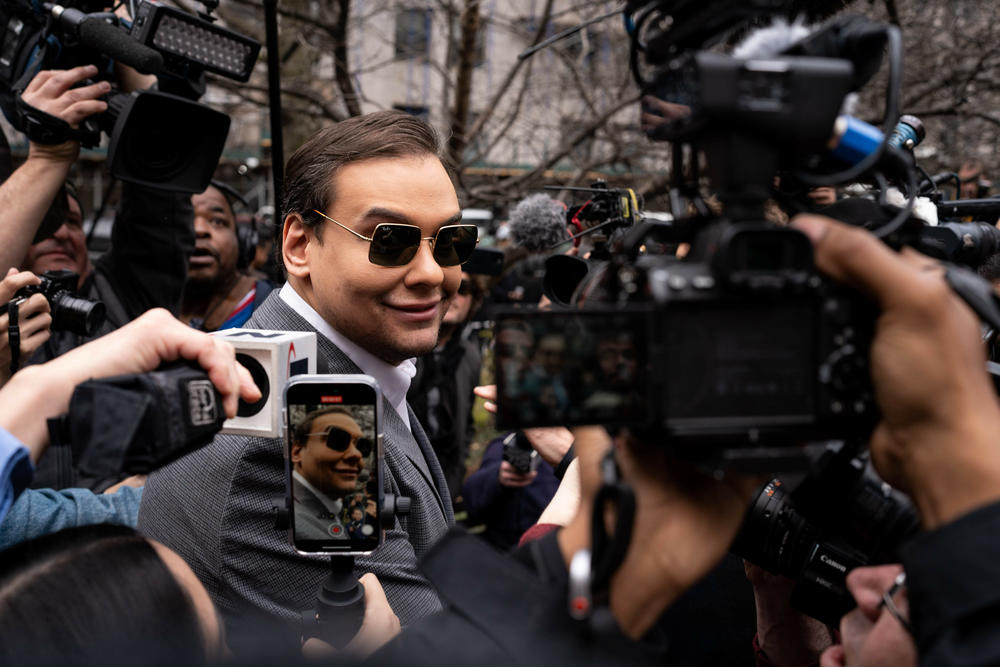 New York Republican Congressman George Santos arrives at Manhattan Court, where New York police tightened security measures on Tuesday ahead of former President Donald Trump's arraignment.