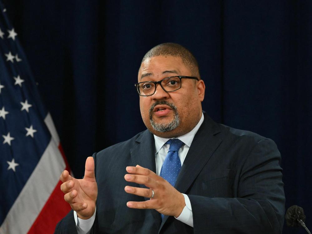 Manhattan District Attorney Alvin Bragg speaks during a press conference outside the Manhattan Federal Court on Tuesday.