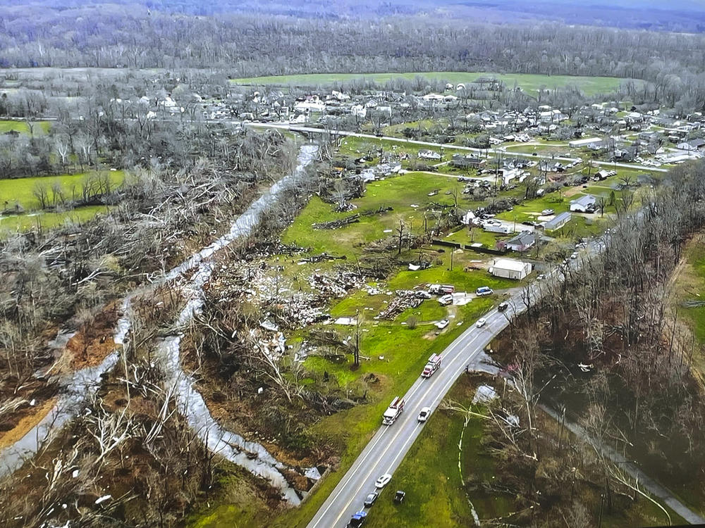 This photo provided by the Missouri State Highway Patrol and taken with a drone shows  the damage from a tornado that hit southeast Missouri early Wednesday.