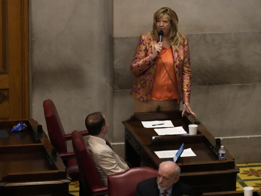 Rep. Gloria Johnson, D-Knoxville, delivers remarks on the floor of the House chamber Thursday, April 6, 2023, in Nashville, Tenn.