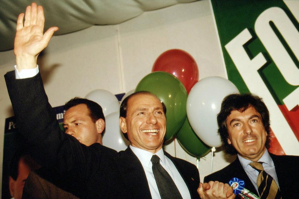 Candidate for Prime Minster Silvio Berlusconi during a party of Forza Italia held after his TV debate in 1994, in Rome.