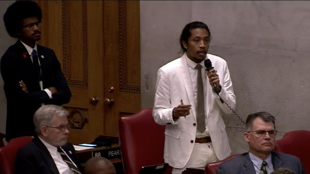 Tennessee state Rep. Justin Jones spoke about a school safety bill on Thursday, before he and Rep. Justin Pearson (far left) faced an expulsion vote along with Rep. Gloria Johnson.