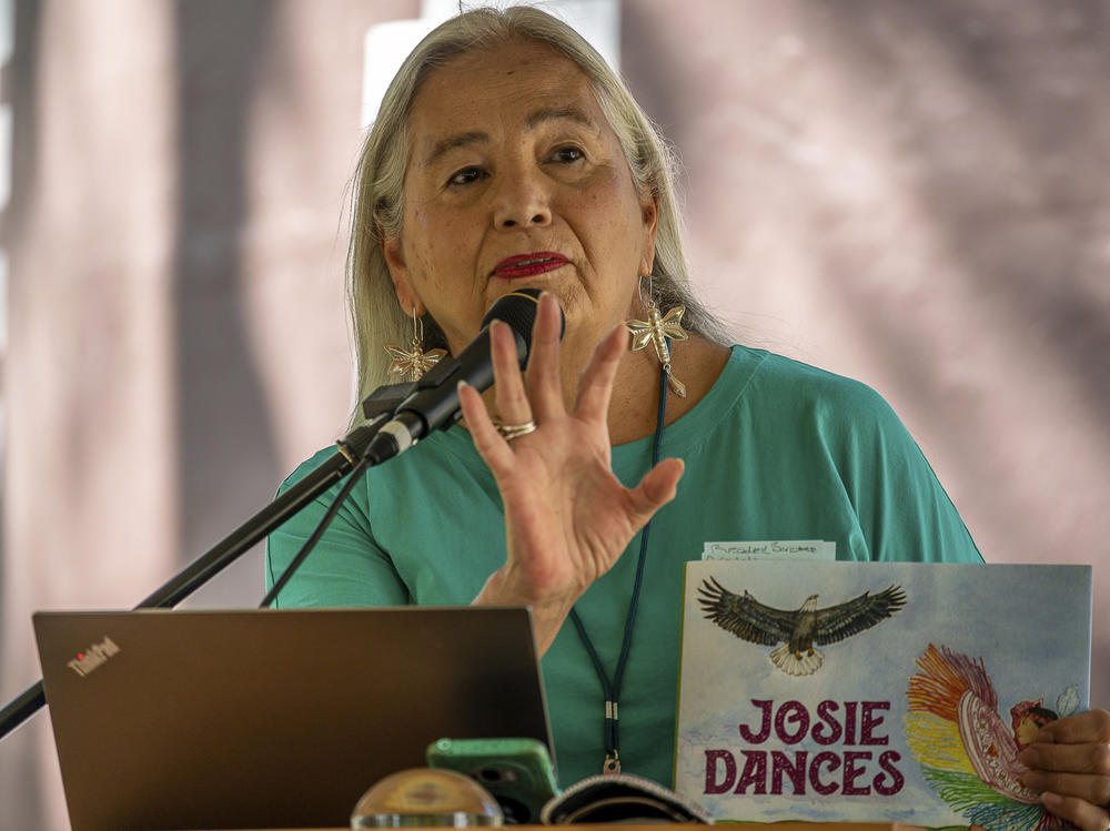 Denise Lajimodiere speaks at the Minnesota Children's Book Festival in Red Wing, Minn., on Sept. 18, 2021. This week, Lajimodiere became the first Native American state poet laureate in North Dakota's history.