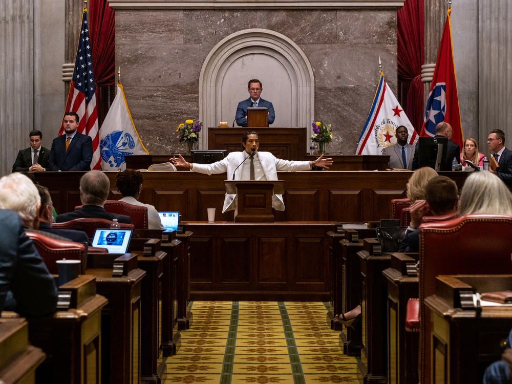 Democratic state Rep. Justin Jones of Nashville speaks before his colleagues voted to expel him from the House on Thursday. Constitutional scholars say such measures are very rare — and have uncertain consequences.