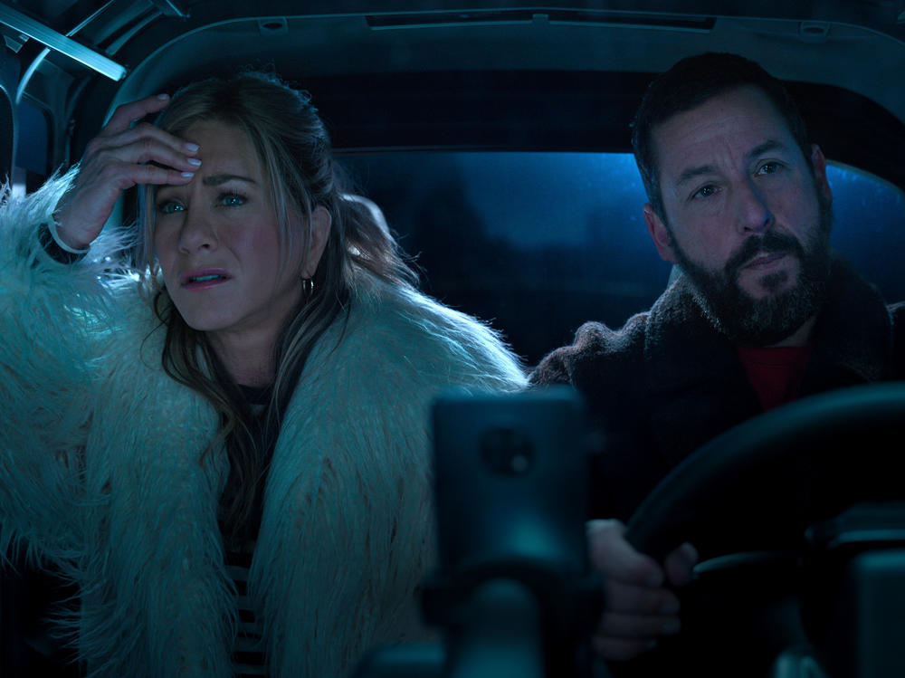 Jennifer Aniston as Audrey Spitz and Adam Sandler as Nick Spitz in <em>Murder Mystery 2.</em>