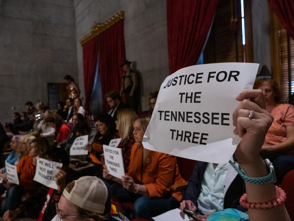 Protesters listen from the Tennessee House gallery during a protest to demand action on gun reform laws and to support three lawmakers who faced an expulsion vote — in what experts call an extraordinary disciplinary move.