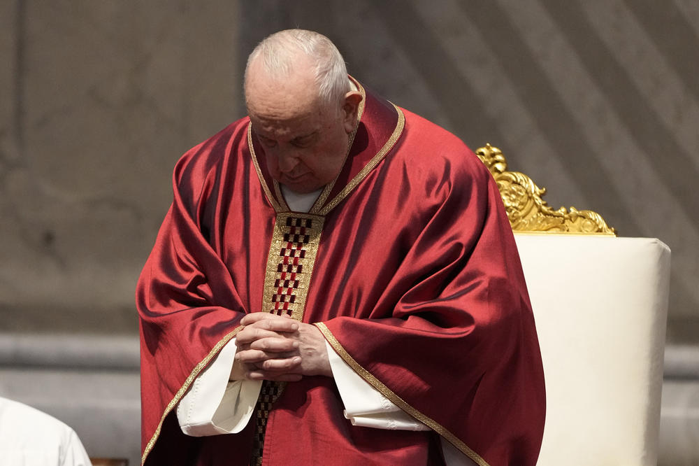 Pope Francis celebrates the Passion Mass on Good Friday inside St. Peter's Basilica at the Vatican on Friday, April 7, 2023.