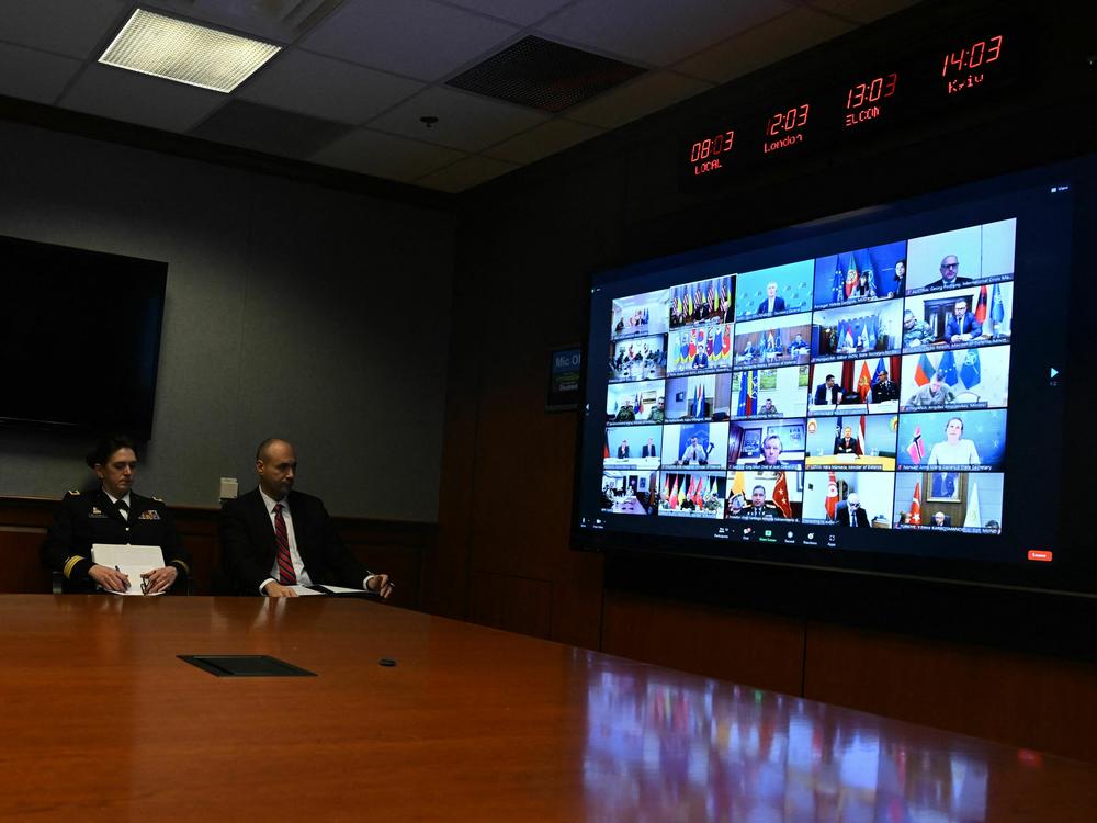 Officials at the Pentagon attend a virtual meeting of more than 50 nations on the war in Ukraine, on March 15.