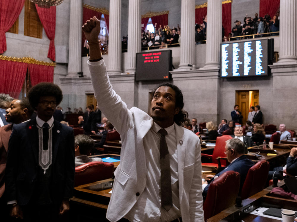Democratic state Rep. Justin Jones of Nashville gestures during a vote on his expulsion from the state legislature at the State Capitol Building on April 6, 2023 in Nashville, Tenn. Monday, the Nashville Metro Council voted to temporarily reinstate Jones to House District 52.