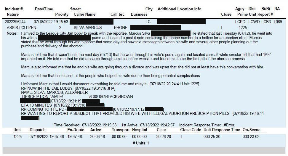 A police report taken July 18, 2022, in League City, Texas, details a complaint from Marcus Silva about materials he said he found in his then-wife's purse nearly a week earlier. Personally identifying information has been redacted.
