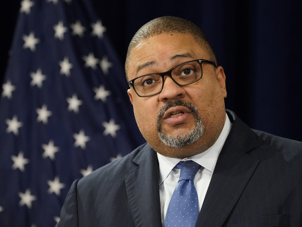 Manhattan District Attorney Alvin Bragg speaks at a press conference after the arraignment of former President Donald Trump in New York on April 4.