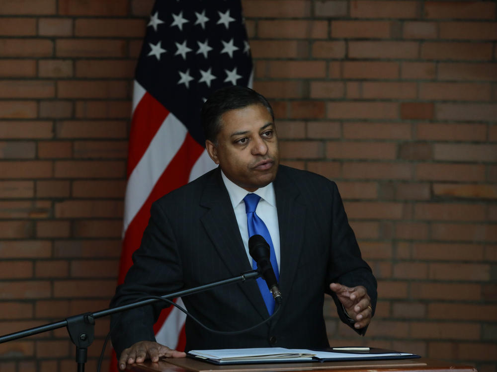 Dr. Rahul Gupta, director of the White House Office of National Drug Control Policy, speaks at a press conference at the Superior Council of the Judiciary in Bogota, Colombia on Aug. 23, 2022.