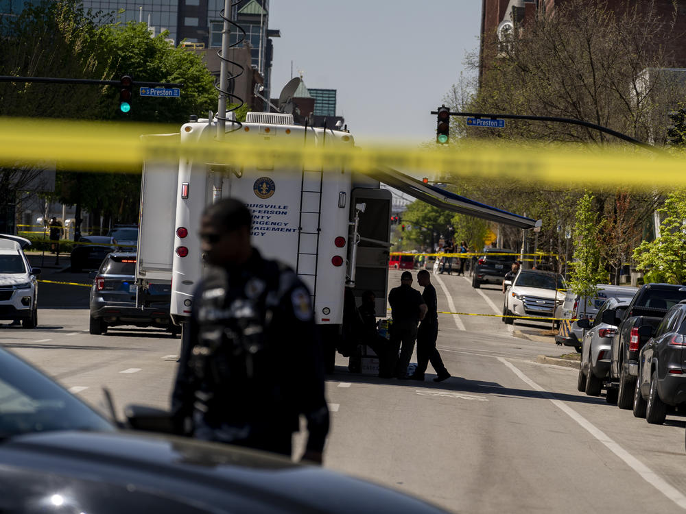 Police tape surrounds the Old National Bank after a gunman opened fire on April 10, 2023 in Louisville, Kentucky.