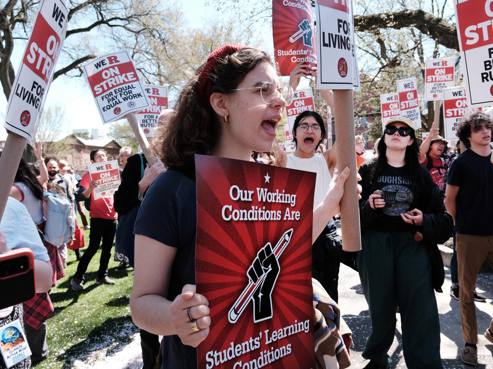 Rutgers students and faculty participate in a strike at the university's main campus on Monday.