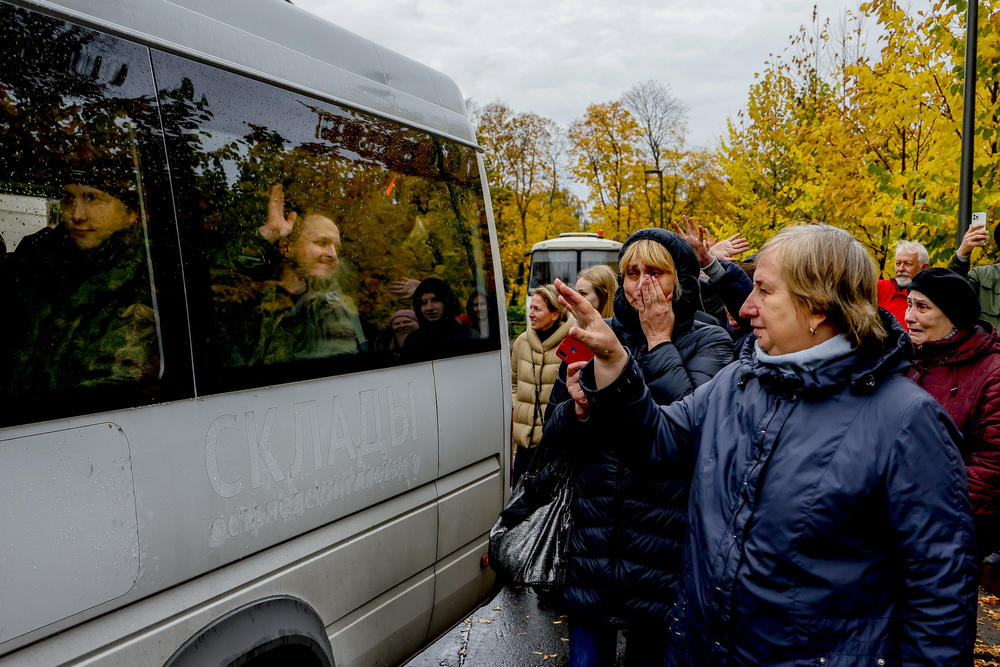 Russians bid farewell to military recruits reporting for service under a mobilization in October 2022.