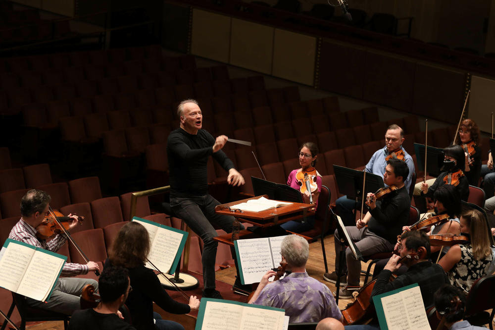 Gianandrea Noseda directs the National Symphony Orchestra at a rehearsal at the Kennedy Center in Washington, D.C.