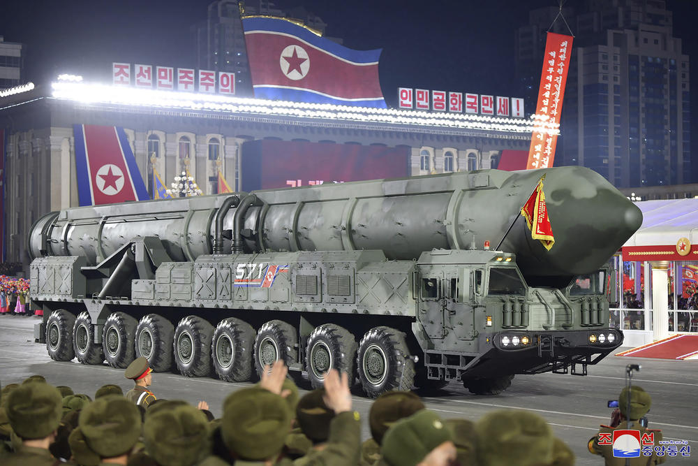 This photo provided by the North Korean government, shows what it says an intercontinental ballistic missile during a military parade on Feb. 8, 2023.