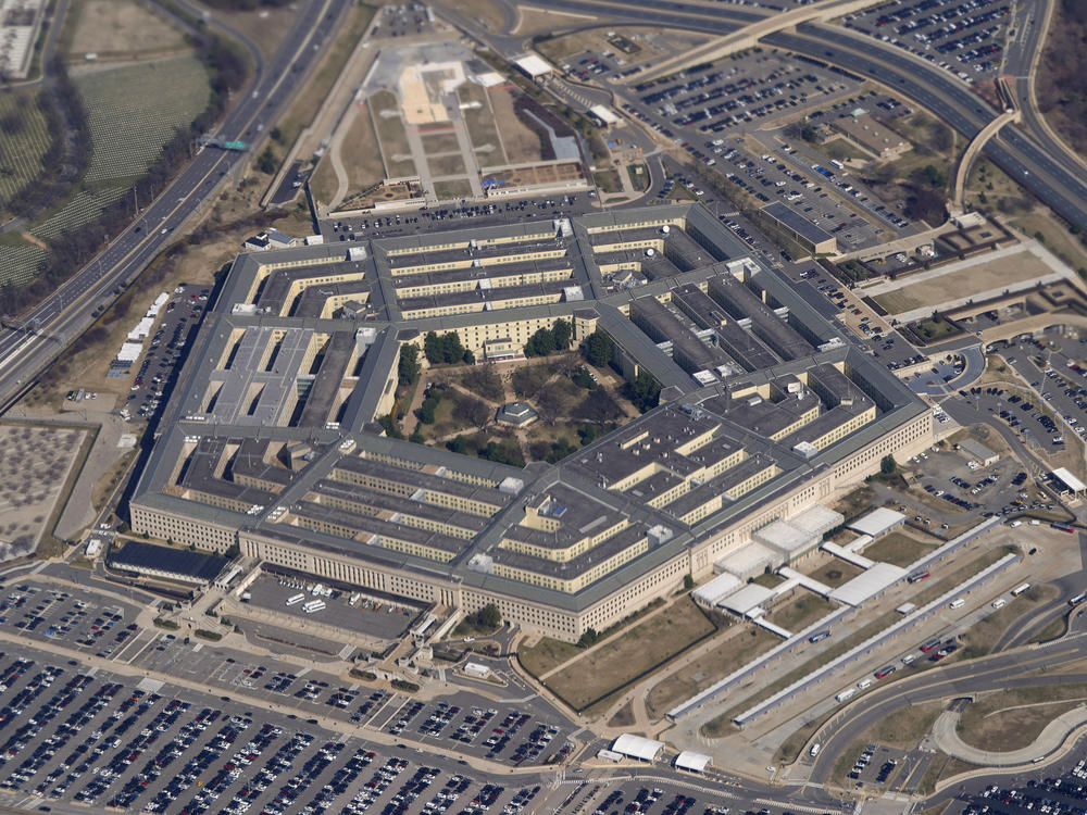 The Pentagon is seen from Air Force One as it flies over Washington on March 2.