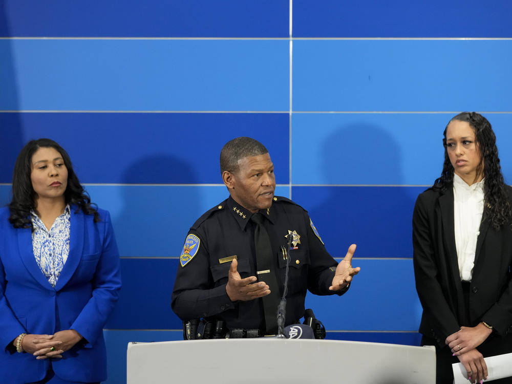 San Francisco Police chief Bill Scott provides an update on the homicide investigation of Robert Lee during a news on Thursday as Mayor London Breed (left) and city District Attorney Brooke Jenkins look on.