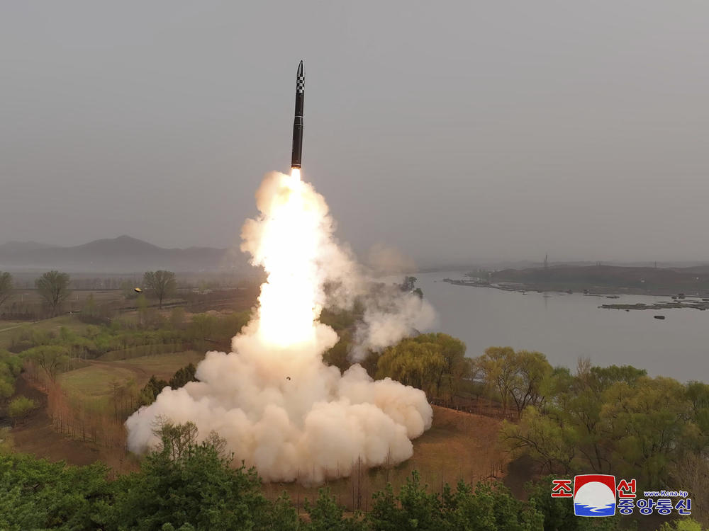 This photo provided April 14, 2023, by the North Korean government, shows what it says is the test-launch of Hwasong-18 intercontinental ballistic missile Thursday, April 13, 2023 at an undisclosed location, North Korea.
