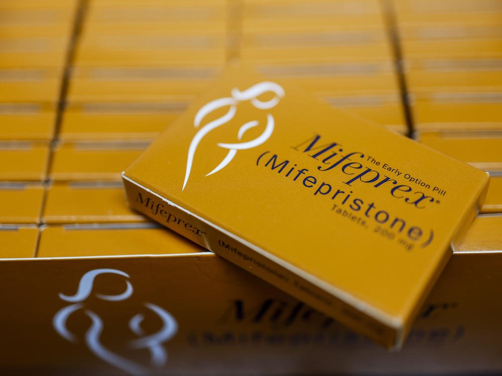 Packages of Mifepfex, the brand-name version of mifepristone, seen at a family planning clinic in Rockville, Md.