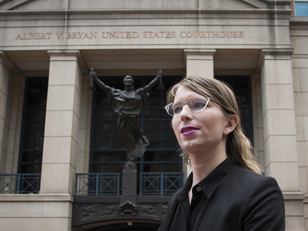 Former Army intelligence analyst Chelsea Manning speaks with reporters after arriving at the federal courthouse in Alexandria, Va., on May 16, 2019. Manning spoke about the federal court's continued attempts to compel her to testify in front of a grand jury.