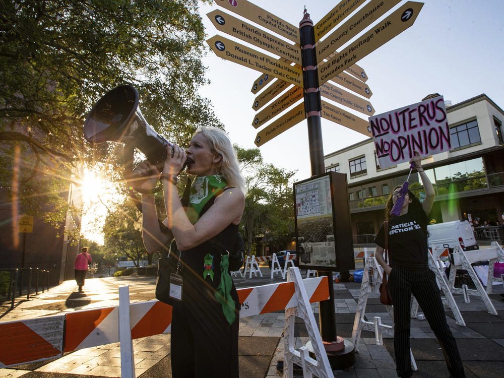 A group activists gathered outside the Tallahassee City Hall building to protest SB 300, which would place a ban on abortions after six weeks, Monday, April 3, 2023, in Tallahassee, Fla.