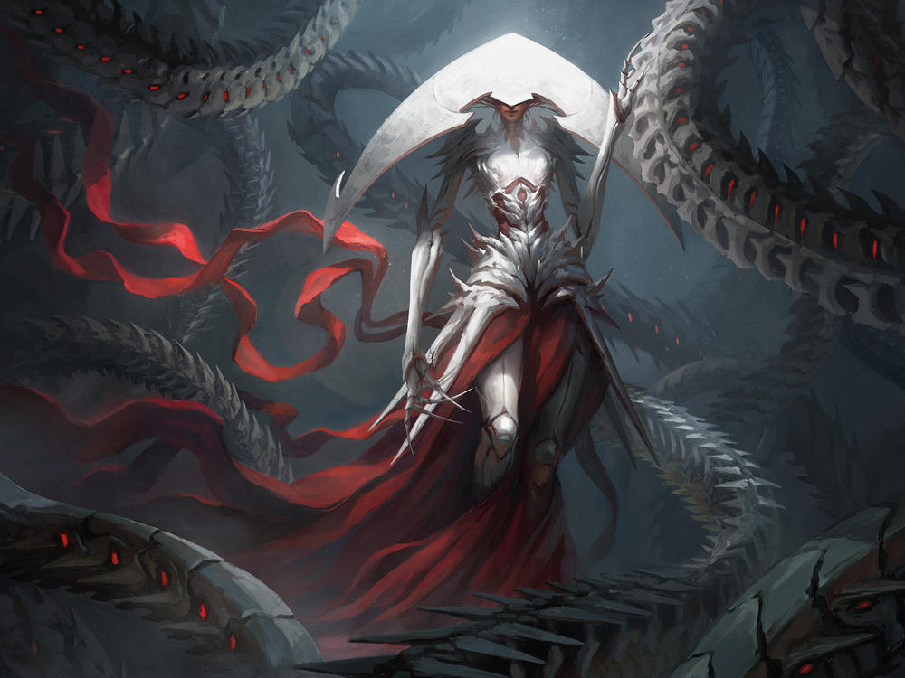 The villainous Elesh Norn in all her porcelain splendor, as depicted by artist Magali Velleneuve.