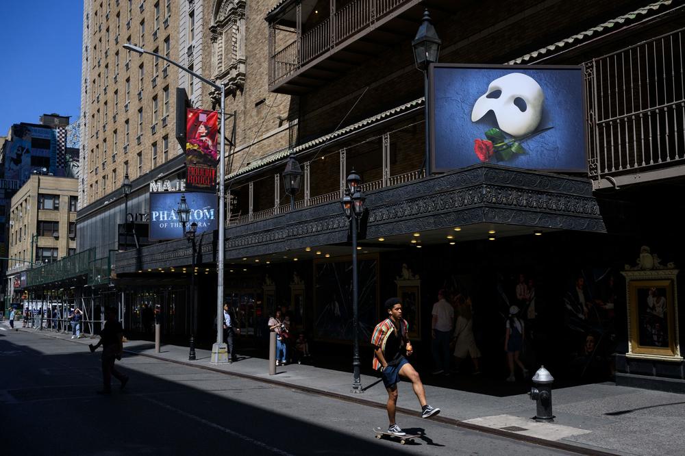 <em>The Phantom of the Opera </em>marquee is shown above on April 13, 2023, at the Majestic Theater in New York City. The final performance will be on Sunday, April 16.
