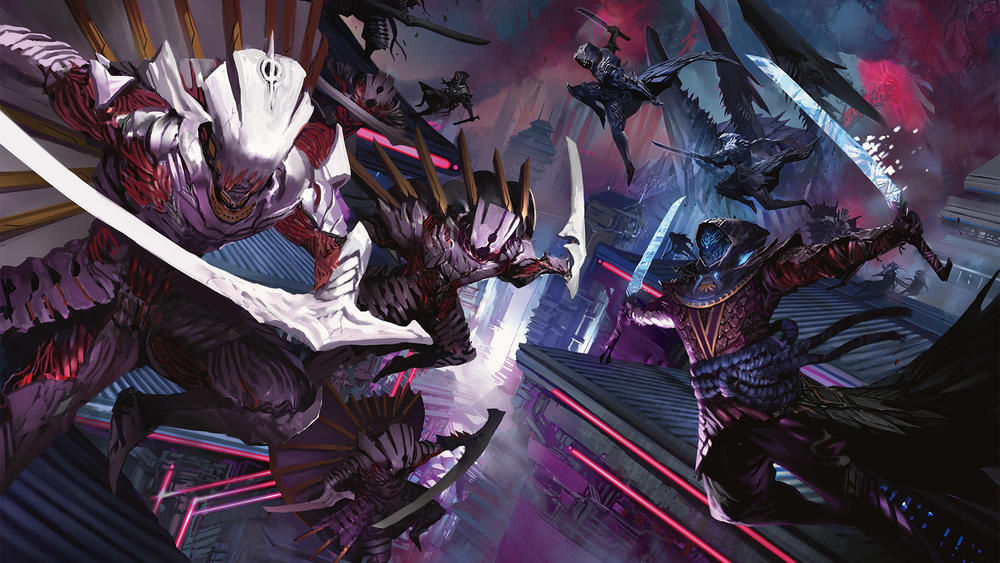 Magic: The Gathering has long flirted with sci-fi, and nowhere is that more evident than on Kamigawa, where Gigeresque Phyrexians battle cyber-ninjas, as illustrated by Kekai Kotaki.