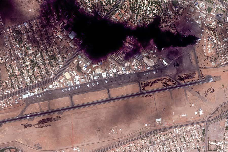 Satellite view of fires burning at Khartoum International Airport Sunday.
