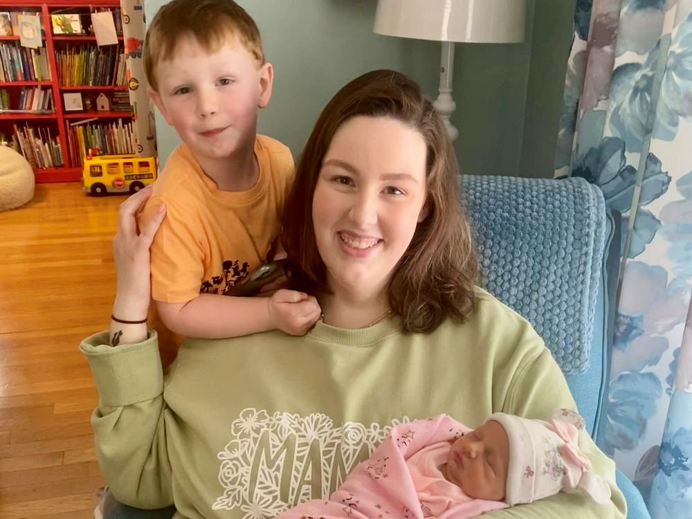 Maria Caprigno in April with her son, Harry, and her newborn daughter, Rosalie.