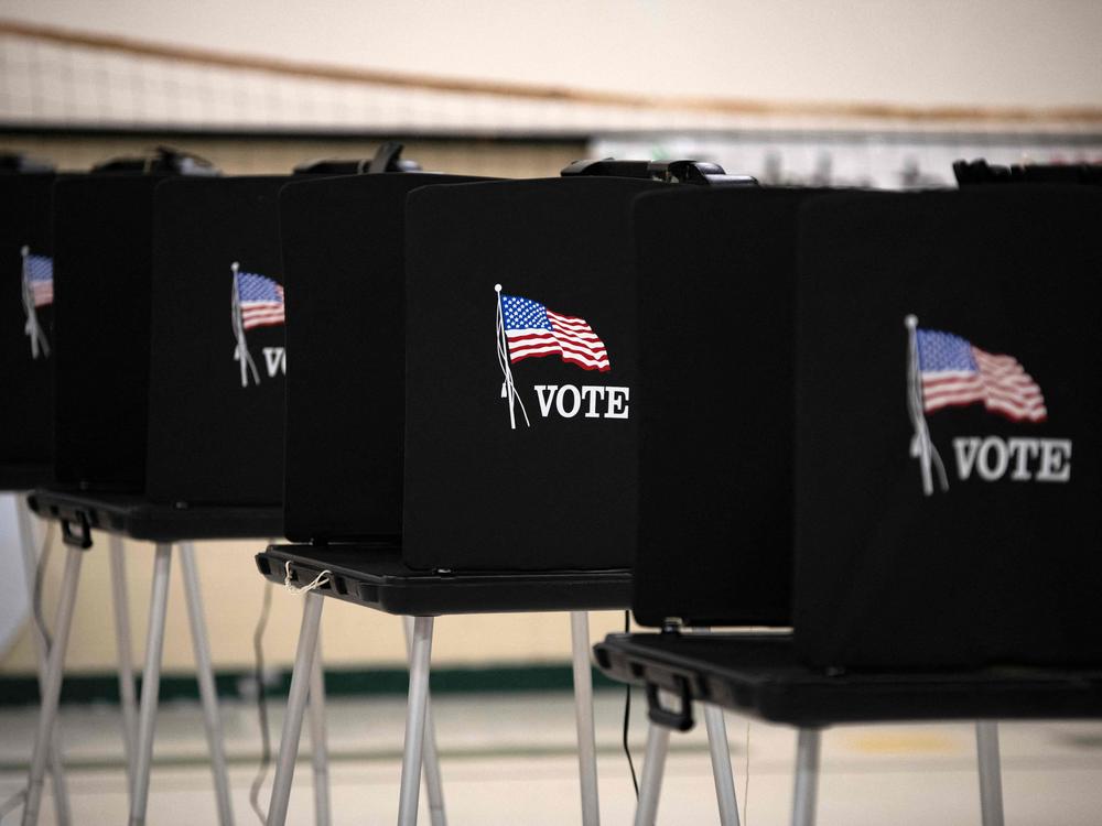 Voting booths are seen at Glass Elementary School's polling station in Eagle Pass, Texas, on Nov. 8, 2022.