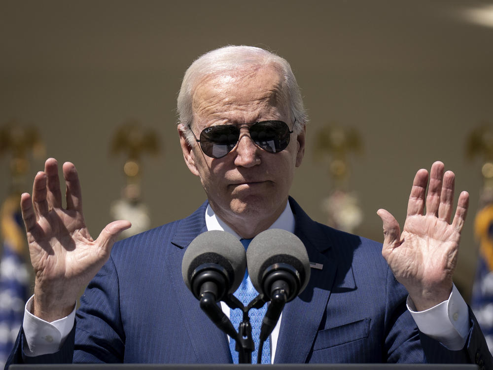 President Biden speaks at an event in the Rose Garden of the White House on April 18.