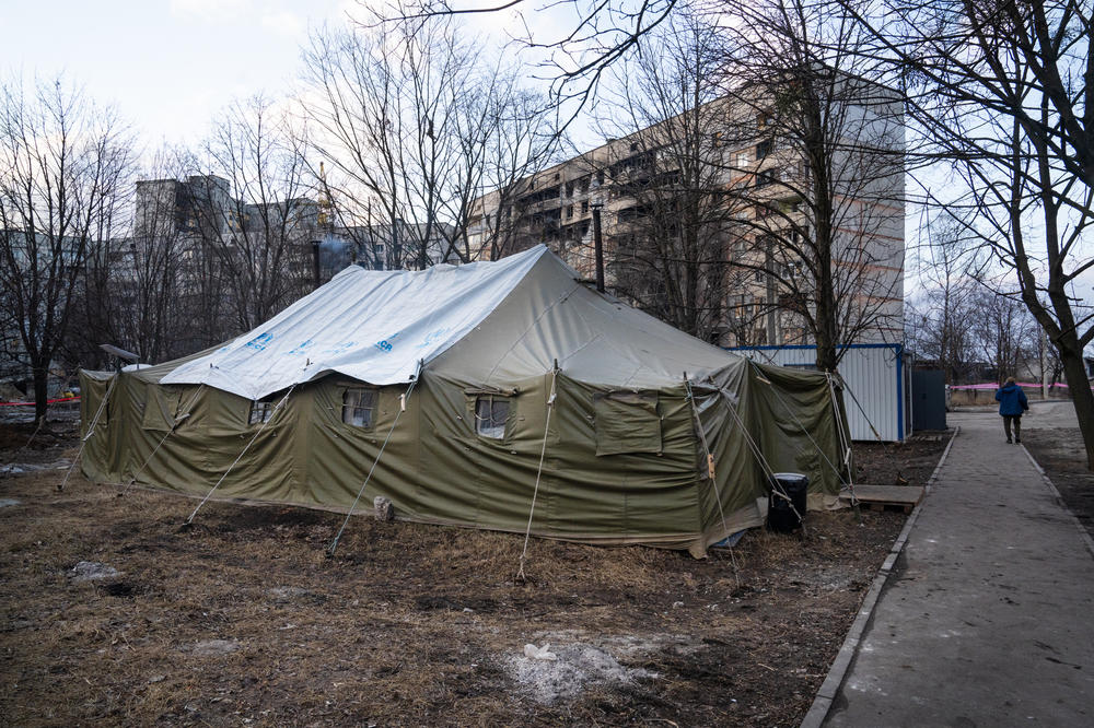 A tent in Saltivka where locals go to drink tea and warm up when it's cold.