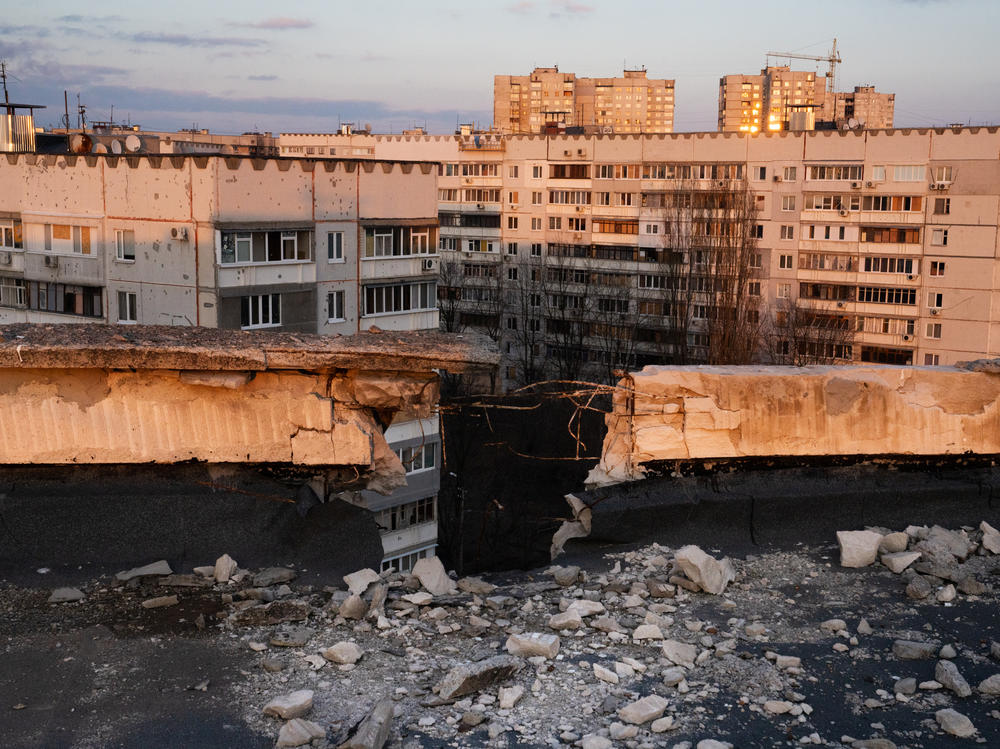 A high-rise building in Kharkiv's Saltivka district, once home to at least 400,000 people, is damaged from shelling during Russia's invasion of Ukraine.
