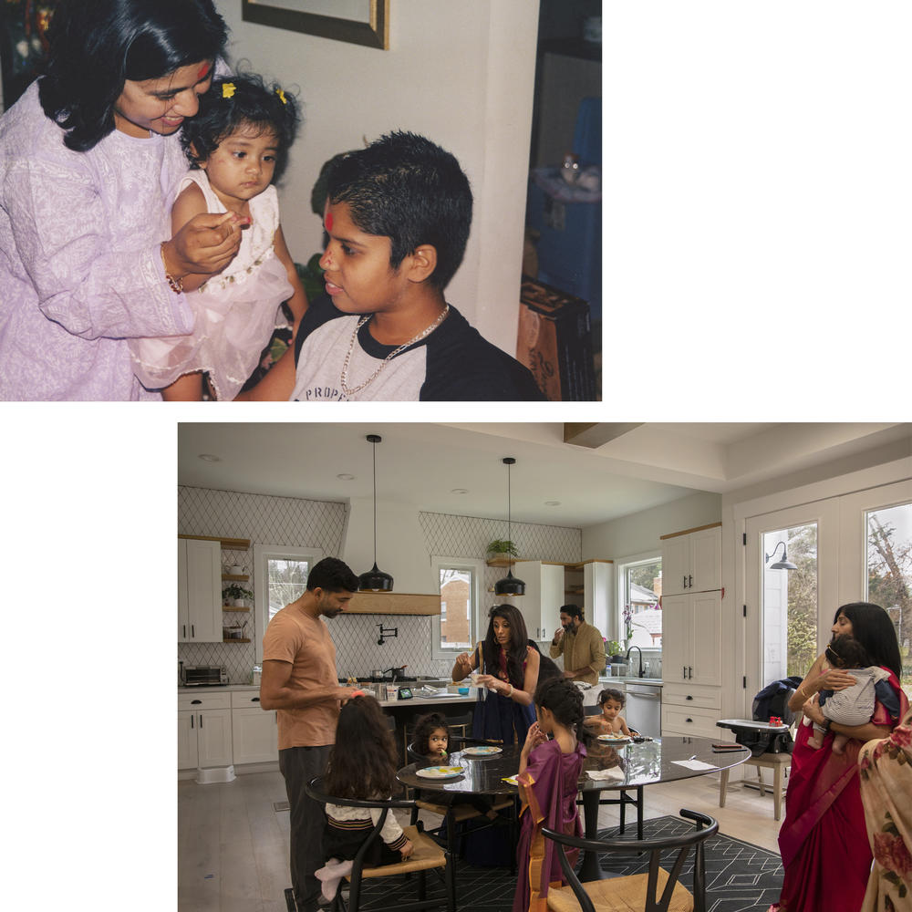 Top: Maansi's mother holds her up so she could place tika (vermillion sandalwood powder) on Arjun Verma, her cousin's head, as part of a <em>Raksha Bandhan</em> ceremony when she was 2 years old. The ceremony involves a sister placing amulets of protection on their brothers, who in turn protect all. Above: Three generations of the Patil family gather for a meal after Eshaan's haircutting ceremony.