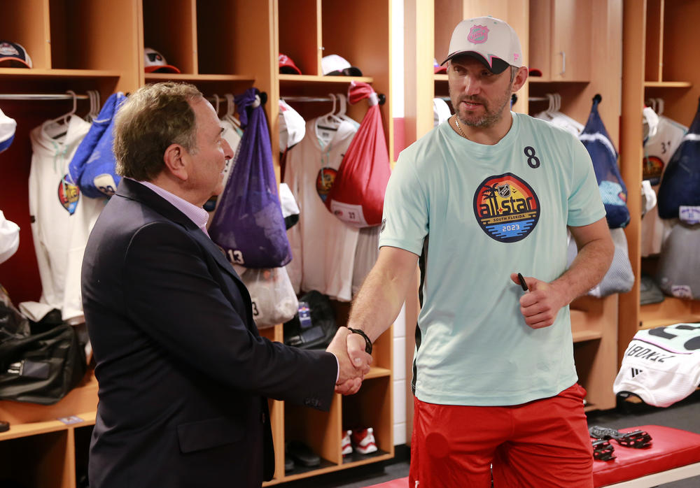 NHL Commissioner Gary Bettman shakes hands with Alex Ovechkin of the Washington Capitals prior to the 2023 NHL All-Star game.