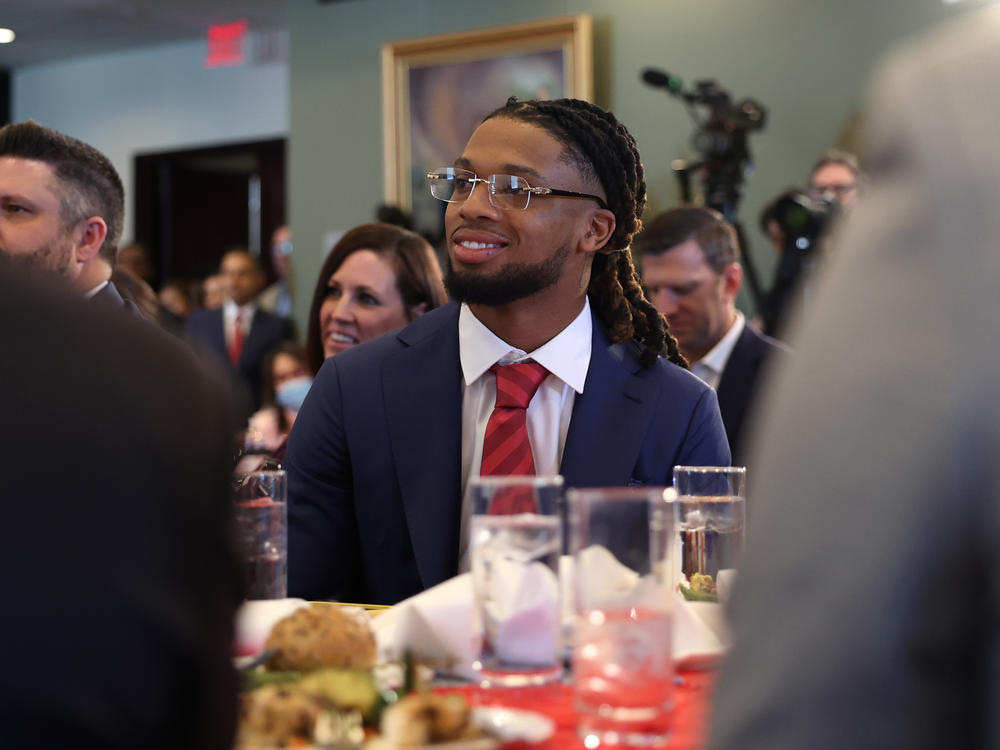 Damar Hamlin attends an event with lawmakers to introduce the Access to AEDs Act on March 29, 2023 in Washington, DC.