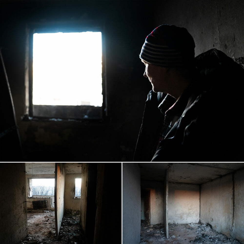 Top: Dudnik looks out an empty window frame in his building in Saltivka. Bottom: Scenes inside the apartment where Dudnik and his wife once lived.