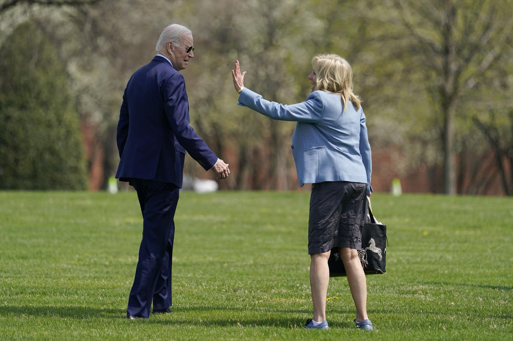 First lady Jill Biden waves as she and President Biden walk to Marine One on April 6.