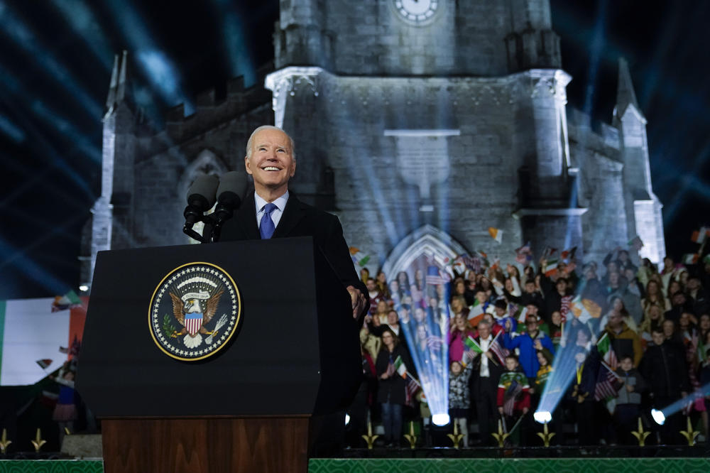 President Biden speaks outside St. Muredach's Cathedral in Ballina, Ireland, on April 14.
