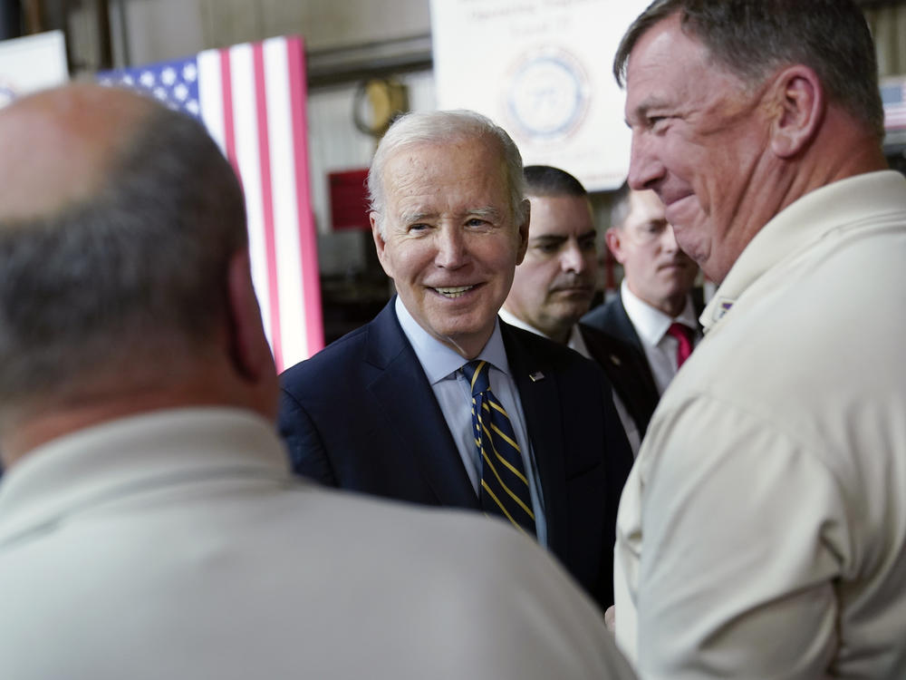 President Biden shakes hands with union members after giving a speech about his economic agenda at a union hall in Accokeek, Md., on April 19.