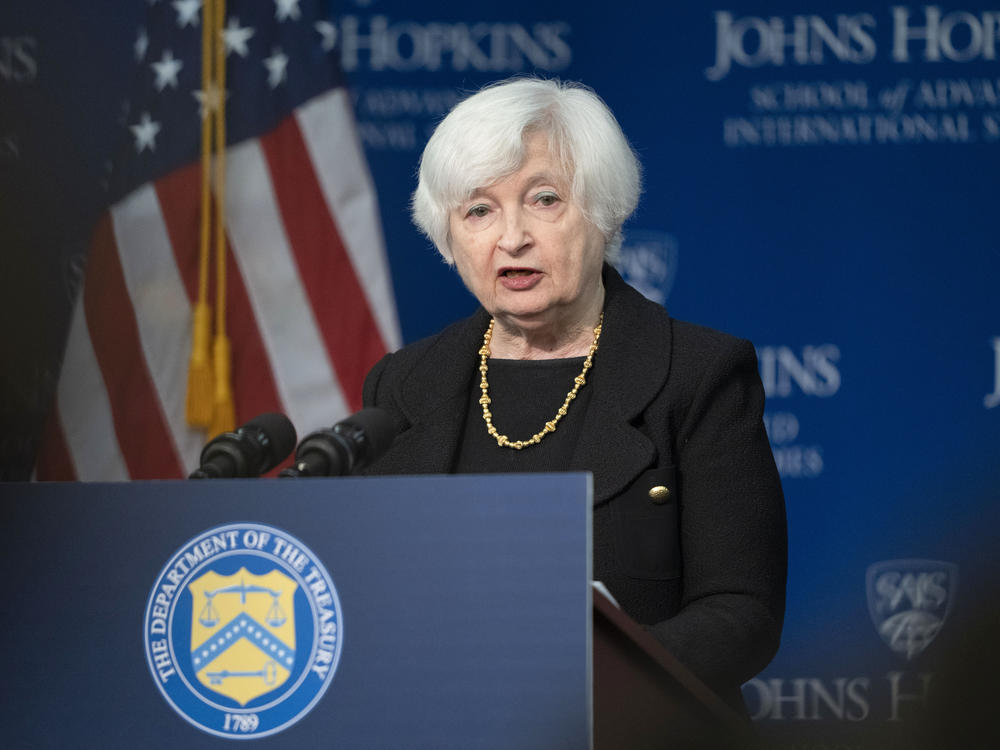 Treasury Secretary Janet Yellen speaks on the U.S.-China economic relationship at Johns Hopkins University School of Advanced International Studies, Thursday, in Washington.